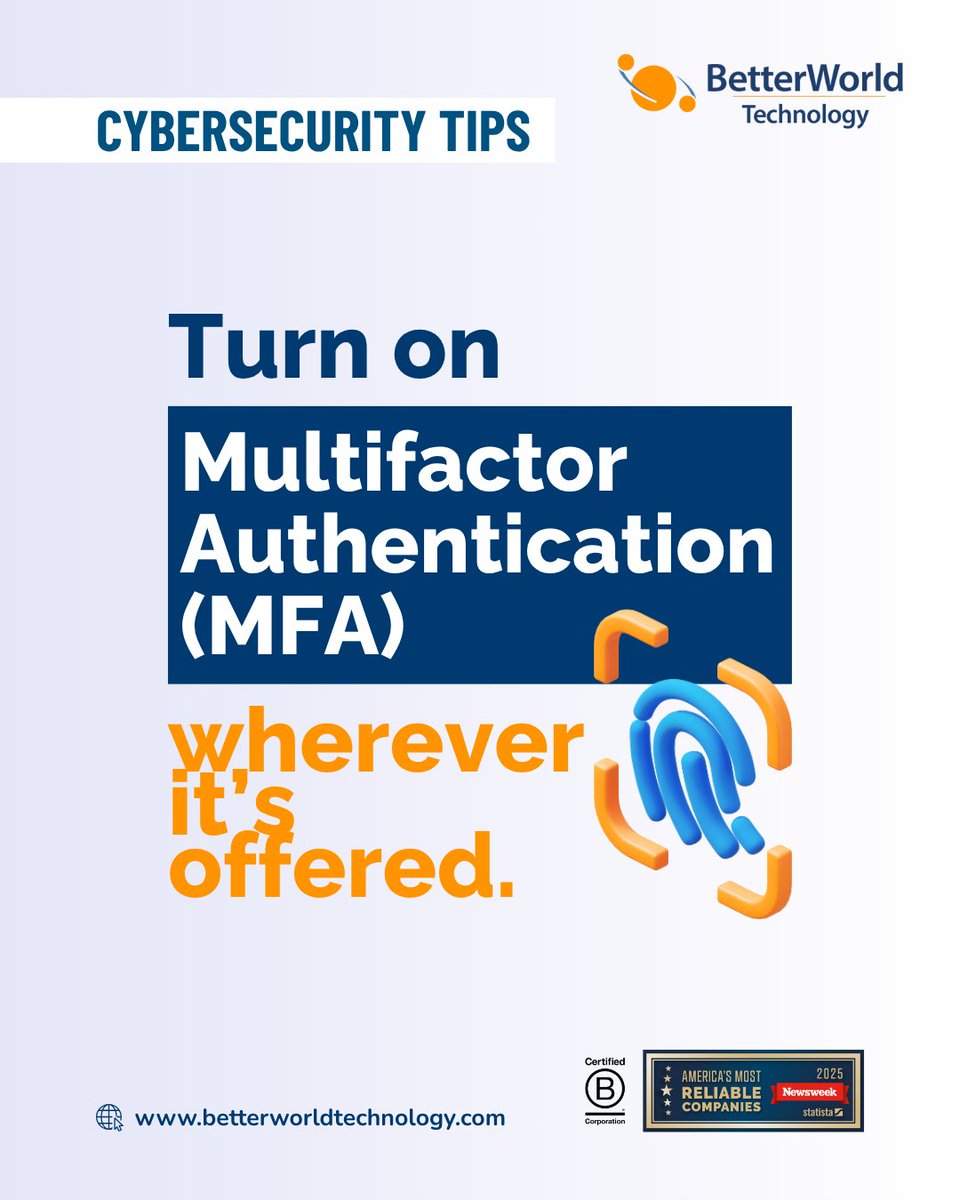 BetterWorldTech's tweet image. Turn on multifactor authentication (MFA) wherever it’s offered.
A 6-digit code adds a locked door after the key—take the extra second, stop 99% of attacks.
#MFA #AccountSecurity #CyberTips