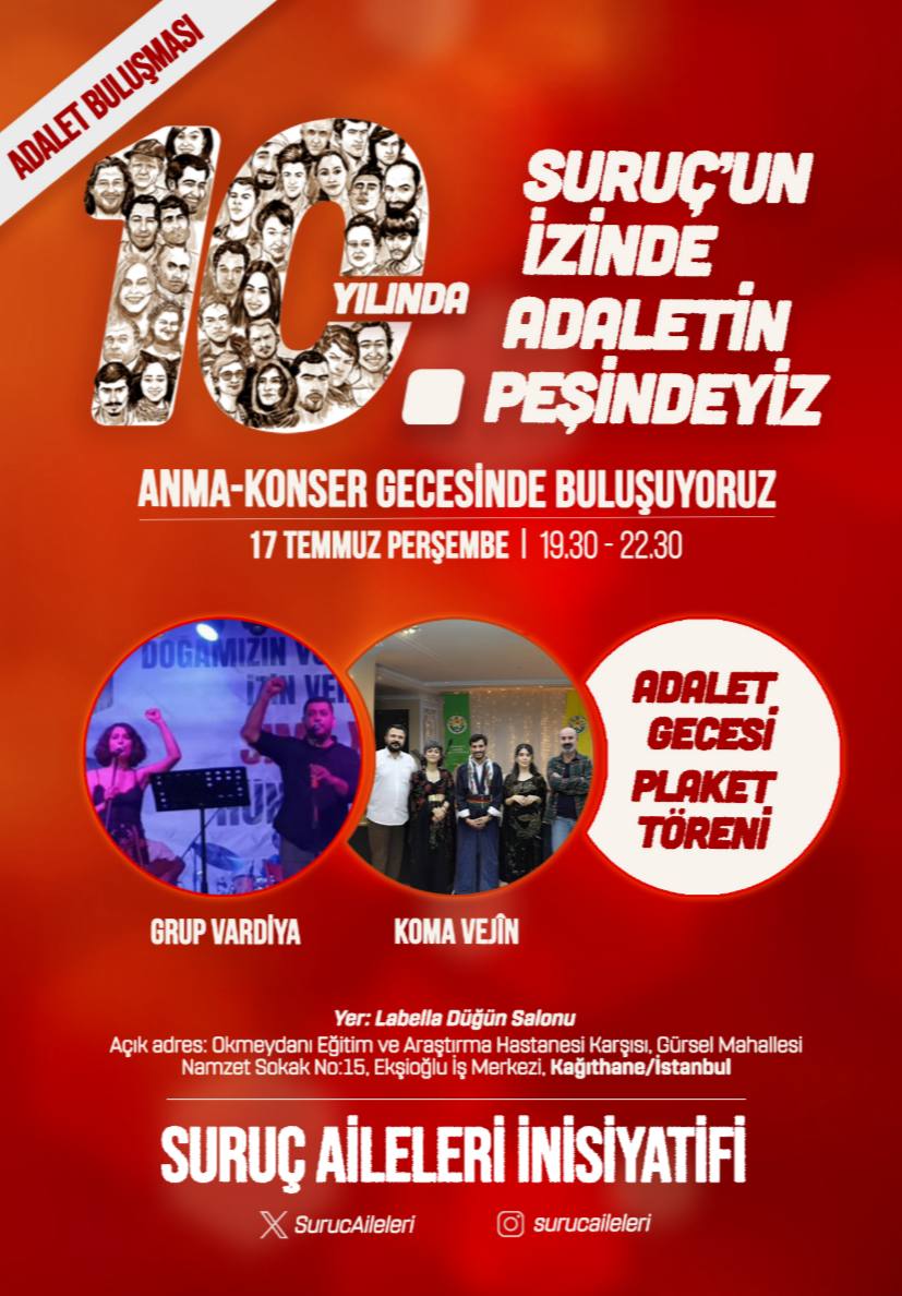 Suruç'un izinde adaletin peşindeyiz!

Katliamın 10. yılında 33'leri anmak üzere 'Adalet gecesi' etkinliği düzenliyoruz. Geceye, adalet mücadelesine gönül vermiş tüm dostları bekliyoruz.

Suruç için adalet herkes için adalet!

#Suruc10yıl 
#surucuni̇zinde