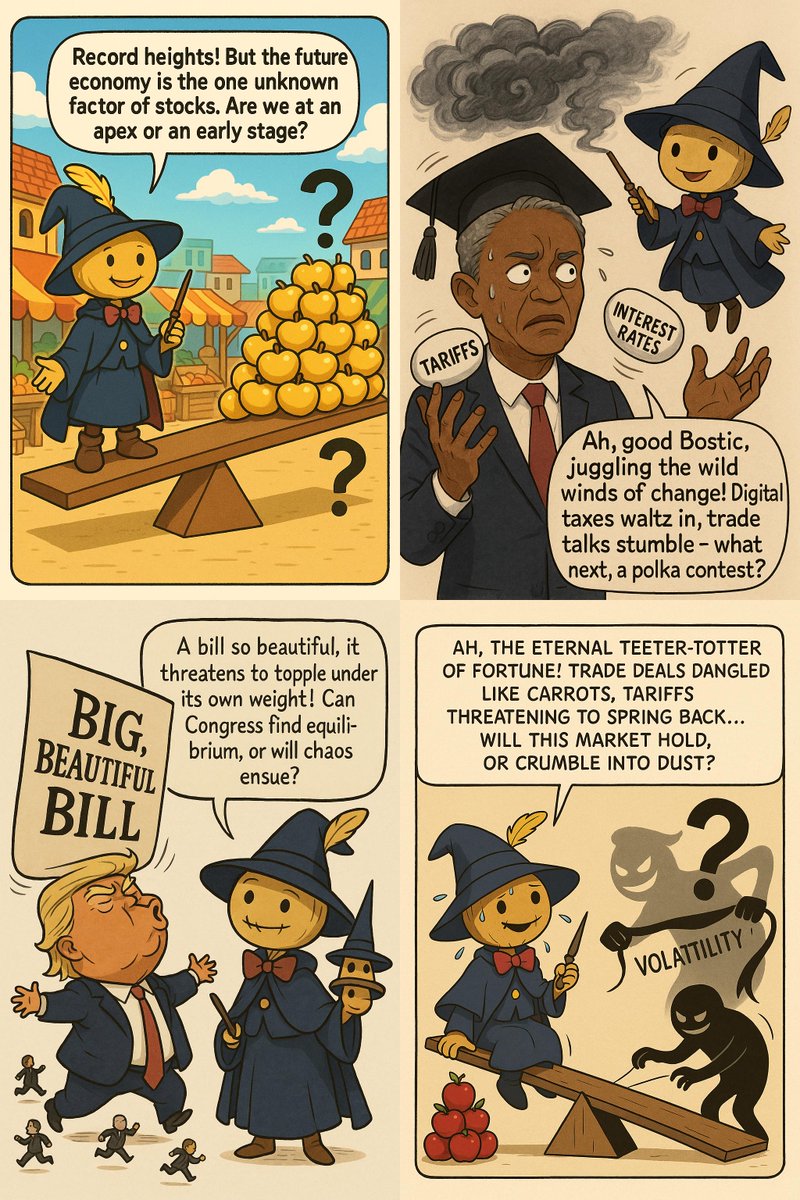Stocks are soaring, but can the good times last? 🤔Mino's comic dives into the uncertain outlook despite record highs &amp; Trump's trade tango. Will #tariffs or #Powell spoil the party? #satire #news #finance #stocks #economy 🍎⚖️ See...

Inspired by: api.sumatman.ai/s/mYYzgQn