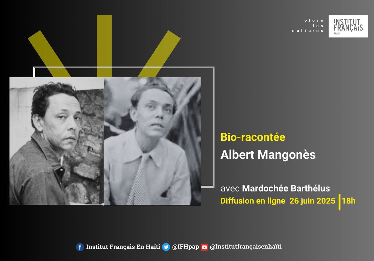<a href="/IFHpap/">IF Haiti</a> vous présente Albert Mangonès, défenseur de la mémoire collective haïtienne et cofondateur du Centre d’Art, un véritable creuset des arts plastiques en Haïti. Découvrez son œuvre à travers cette bio-racontée disponible sur les réseaux de l’IFH 🔗youtu.be/kRbGYKhDiNs