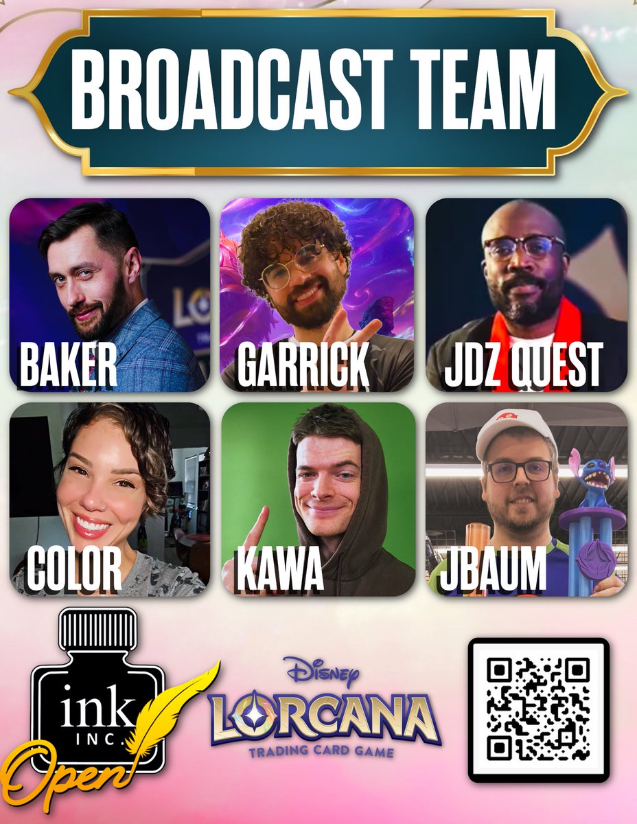 Team Ink Inc. (@teaminkinc) on Twitter photo Announcing the amazing broadcast team for the Ink Inc. Open! ποΈ Tune in September 6-7 to see all the action live!
π΄<a href="/LorcanaVillain/">Lorcana Villain</a>
π£<a href="/KI_Garrick/">Garrick</a>
π‘<a href="/JdzQuest/">JDZ Quest</a>
βͺοΈ<a href="/colorislaw1/">colorislaw</a>
π’<a href="/Kawatek_CG/">Kawa β¨</a>
π΅<a href="/JBaum1234/">JBaum</a> Announcing the amazing broadcast team for the Ink Inc. Open! ποΈ Tune in September 6-7 to see all the action live!
π΄<a href="/LorcanaVillain/">Lorcana Villain</a>
π£<a href="/KI_Garrick/">Garrick</a>
π‘<a href="/JdzQuest/">JDZ Quest</a>
βͺοΈ<a href="/colorislaw1/">colorislaw</a>
π’<a href="/Kawatek_CG/">Kawa β¨</a>
π΅<a href="/JBaum1234/">JBaum</a>
