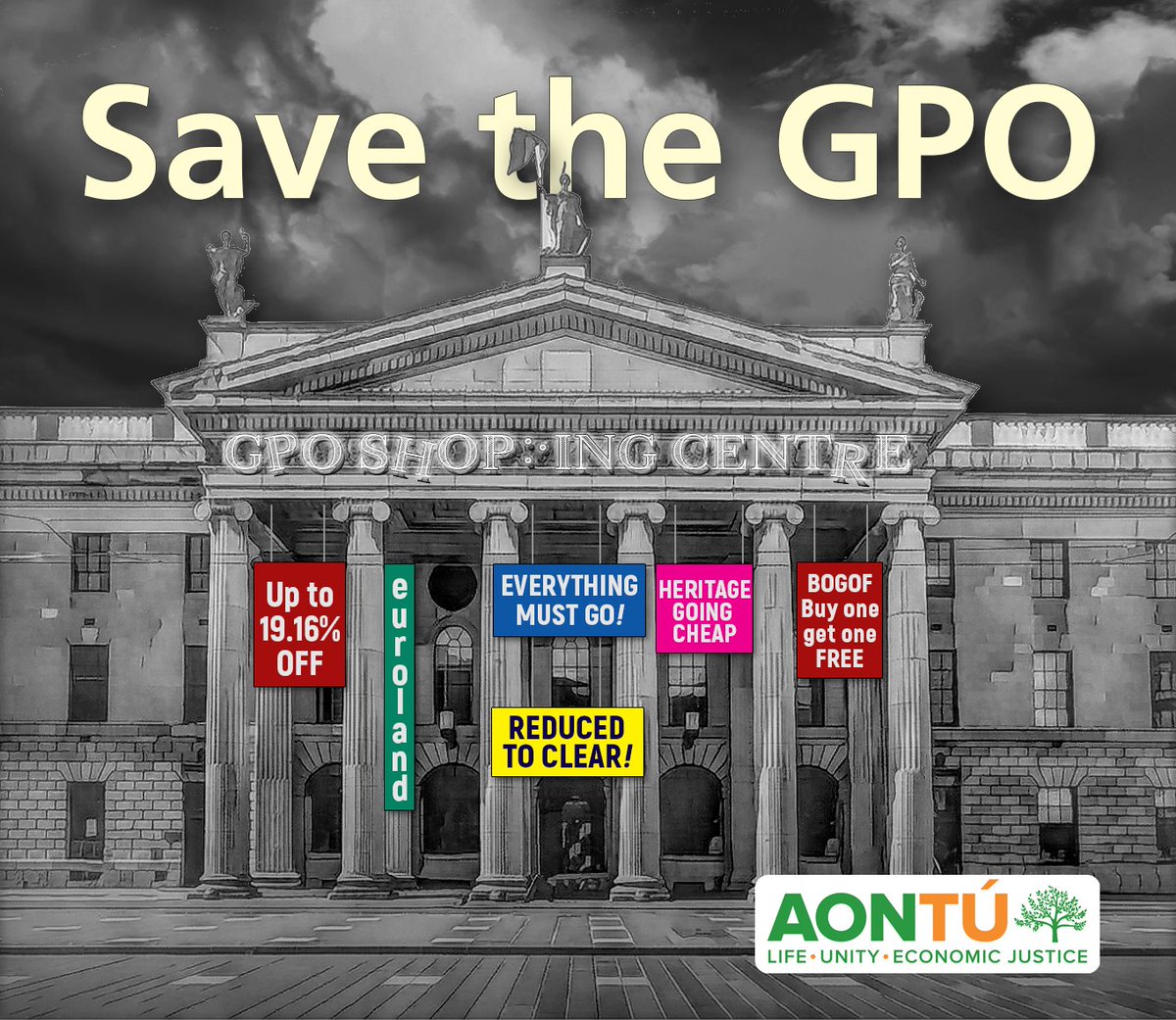 Dont let FF/FG/Ind government sell our cultural heritage.

These Ministers only have the authority to be Ministers because of the sacrifice of the men and women of 1916.