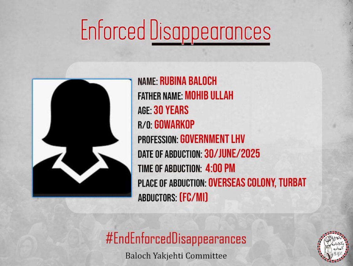 Durbibi6's tweet photo. STOP NORMALISING THE ABDUCTION OF WOMEN.

No, this is not normal. This is not just “how war works.” This is not something we should grow used to.

The disappearance of Baloch women Mahjabeen, Robina, or anyone, cannot and must not be explained away as part of some inevitable pattern.
This is not war, This is state-orchestrated terror. This is gendered violence. This is the systematic targeting of Baloch resistance through its women.

Each time we say “it’s happening again”, each time we repeat “we knew this would happen”, each time we quietly accept it as part of a cycle, we help normalize it.

But this cannot be normalized.
We cannot let women enforced disappearance become just another news item. We cannot allow women’s abduction and torture to be treated as acceptable collateral.

This is not just politics. This is horror.
And if we stop being horrified, if we allow this to become “just how things are” then we have already lost too much of our power and resistance.

Do not normalize this. Do not explain it away.

—Dur

#StopBalochGenocide 
#SaveBalochWomen