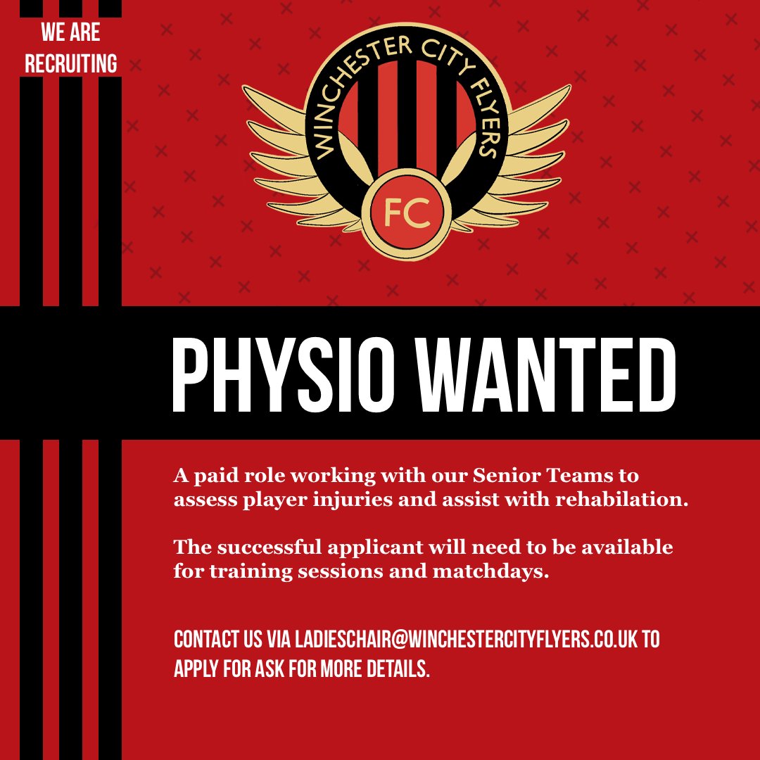 WinchCityFlyers's tweet photo. 🤕 We're on the look out for a Physio to join the club.

The role is a paid one and a great chance to gain some experience working with our seniors.

Get in touch today for more information and to apply.

#UpTheFlyers https://t.co/ORkEwsU90f