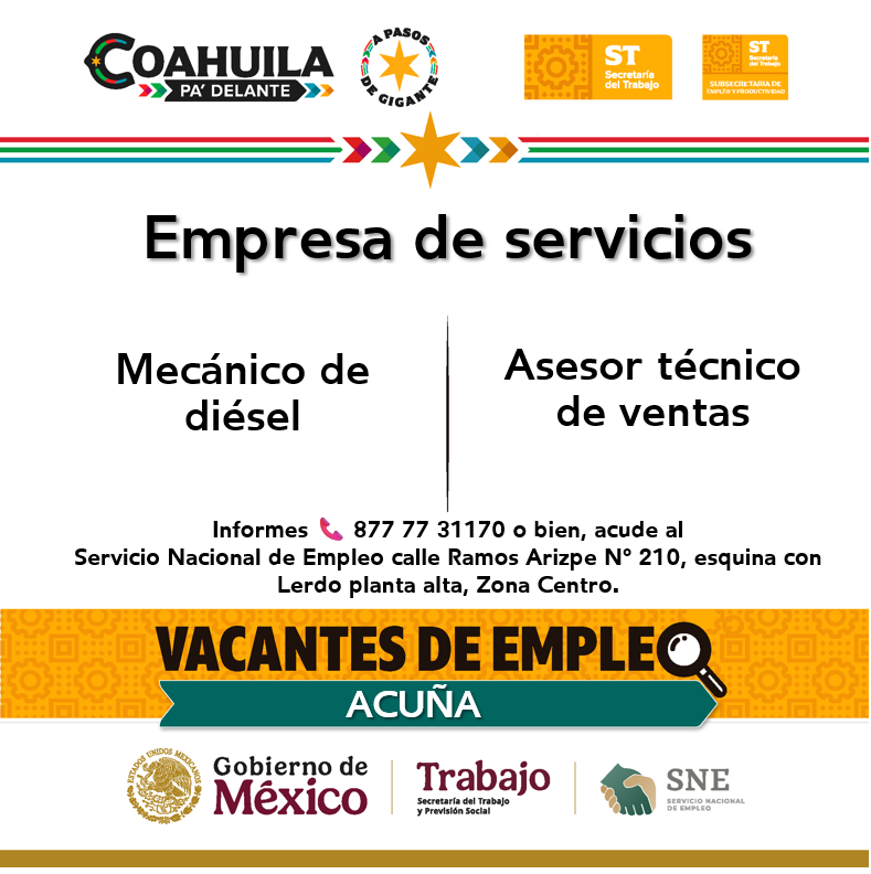 📢 Vacante de empleo en  #RegiónNorte 💼🔎

¡Esta es tu oportunidad!
Consulta los detalles y postúlate.

📍  Ubicación: Servicio de Empleo #Acuña
📌 Dirección: Ramos Arizpe N° 210 esq. con Lerdo,planta alta, Zona Centro
📞 Informes: 877 773 11 70

Contáctanos hoy mismo. 🙌