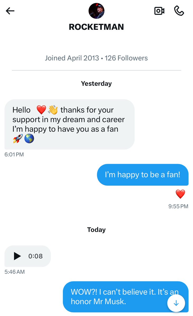 Wow! The Elon Musk dm’d me. It’s such an honor. His gratitude knows no bounds. <a href="/293837elon/">ROCKETMAN</a>
