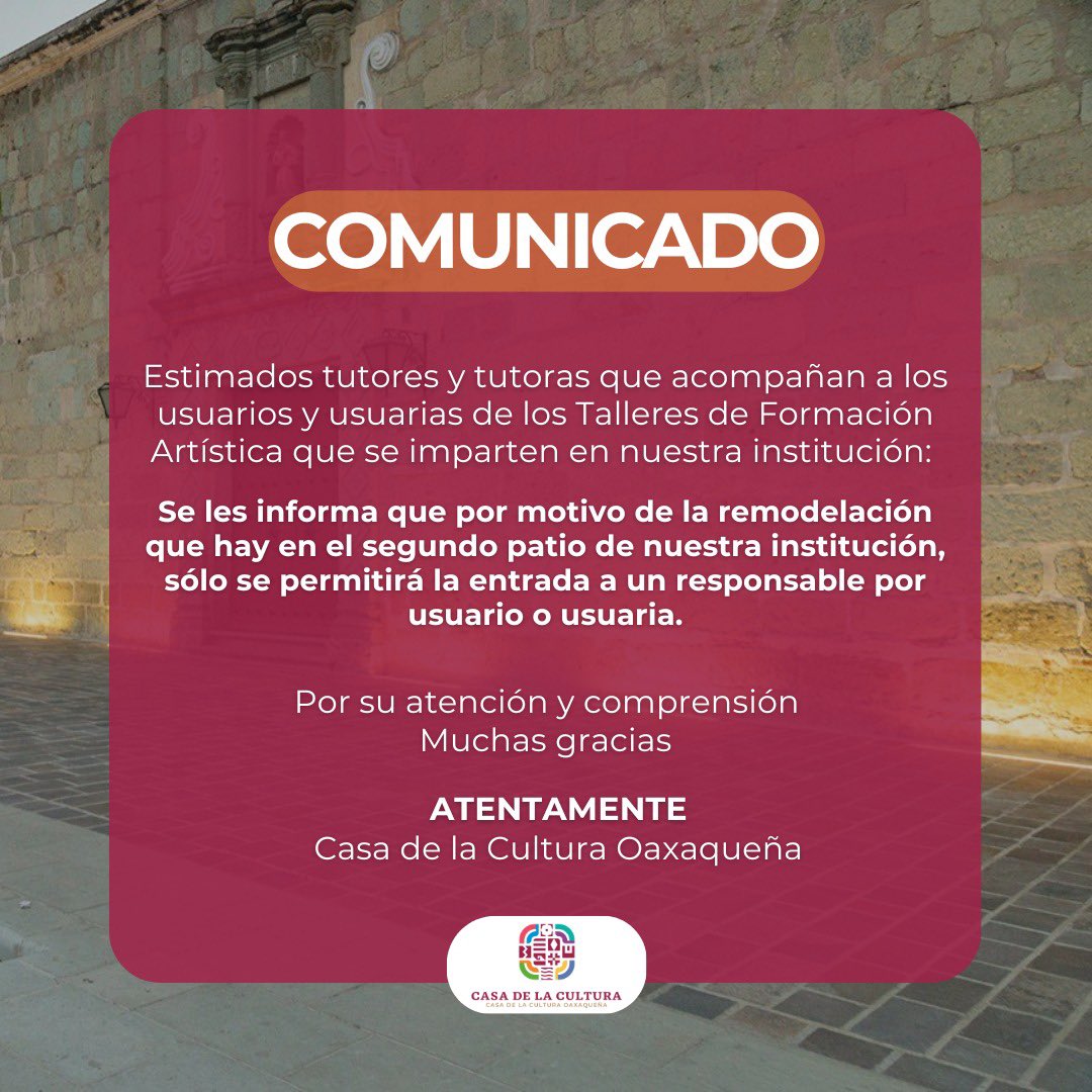 Casa de la Cultura Oaxaqueña (@cco_goboax) on Twitter photo ⚠️AVISO⚠️
Derivado de los trabajos de remodelación en el segundo patio de nuestra institución y por la seguridad de todas y todos, la #CasaDeLaCulturaOaxaqueña no contará por el momento con “visitas guiadas” ni “consultas a la Biblioteca” hasta nuevo aviso.
#oaxaca ⚠️AVISO⚠️
Derivado de los trabajos de remodelación en el segundo patio de nuestra institución y por la seguridad de todas y todos, la #CasaDeLaCulturaOaxaqueña no contará por el momento con “visitas guiadas” ni “consultas a la Biblioteca” hasta nuevo aviso.
#oaxaca