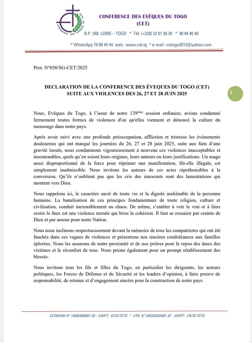 Edem_B's tweet photo. LA CONFERENCE DES ÉVEQUES DU TOGO (#CET) SUITE AUX VIOLENCES DES 26, 27 ET 28 JUIN 2025 : "Nous rappelons ici, le caractère sacré de toute vie et la dignité inaliénable de la personne humaine. Il faut se ressaisir par crainte de Dieu et par amour pr notre Nation." #FreeTogo🇹🇬 https://t.co/AwBE9F1Rps