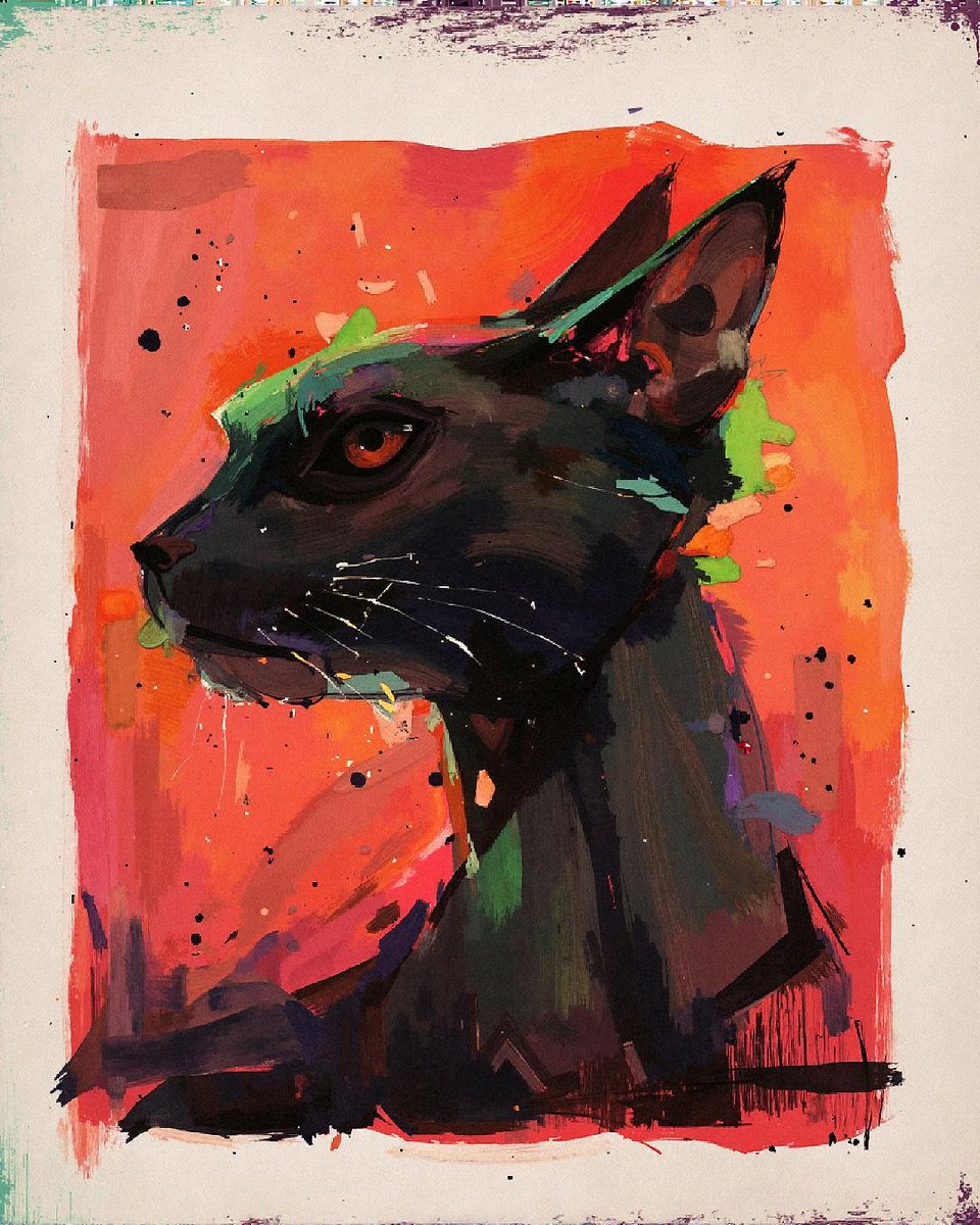 Lost in Felini’s masterpiece: a black cat enshrined in dramatic crimson and teal hues. The impasto texture and colors exude energy, drawing you into its knowing emerald gaze. Felini's work elevates the silent beauty of these enigmatic creatures.

#BlackCatArt #RoughArt #ToughCat