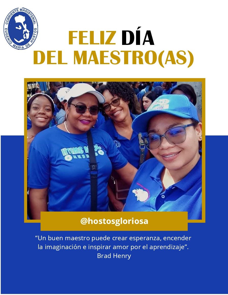 Nuestra corriente #Hostos está de júbilo, hoy 30 de junio felicitamos a los maestros y maestras por su lucha constante, por su tenacidad y sacrificio, por enseñar con paciencia y amor a nuestra sociedad.

#FelizDíaDelMaestro
#CorrienteHostos