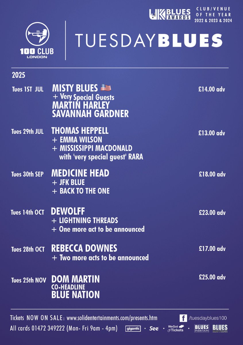 Get ready to chase away those Tuesday blues with the most up-to-date gig listing for Tuesday Blues - 100 Club London 

Ticket link below 👇 

solidentertainments.com/100club/index.…

#LiveMusic #BluesNight #MusicLovers #LondonEvents #GigGuide #LiveGig #MusicIsLife