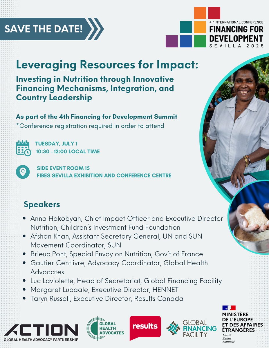 ResultsCda's tweet photo. TOMORROW! To all attendees of #FFD4, be sure not to miss this timely and action-oriented side event we're co-leading on nutrition financing!

This group of speakers is incredible. Hear from a wide diversity of experts from @CIFFchild, @SUN_Movement, @francediplo, @GHAFrance, @theGFF, @HennetKenya, and @ResultsCda.

👉 RSVP now and let's leverage resources for impact: https://t.co/OZbgtIPGsu

Please note: This is an in-person session and FFD4 registration is required to attend.

@randeepssarai @Chris_MacLennan