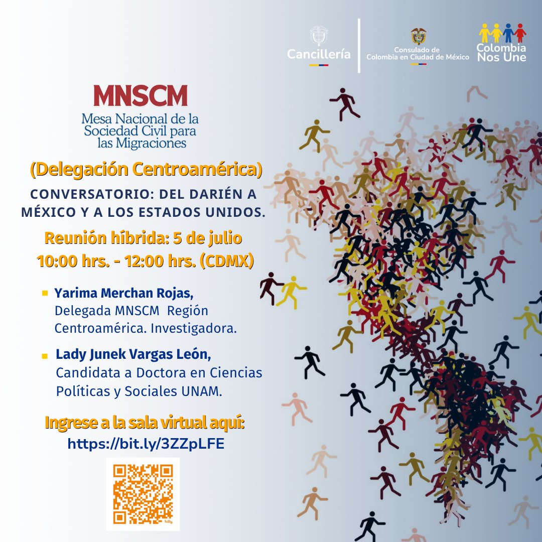 Consulado General de Colombia en México (@consuladocolmex) on Twitter photo La Mesa Nacional de la Sociedad Civil (Delegación Centroamérica), el <a href="/consuladocolmex/">Consulado General de Colombia en México</a> y <a href="/ColombiaNosUne/">Colombia Nos Une</a> invitan a la comunidad colombiana para que participe en el conversatorio “Del Darién a México y a los Estados Unidos”.
¡Les esperamos!
#MNSCM #ConsuladoenMovimiento La Mesa Nacional de la Sociedad Civil (Delegación Centroamérica), el <a href="/consuladocolmex/">Consulado General de Colombia en México</a> y <a href="/ColombiaNosUne/">Colombia Nos Une</a> invitan a la comunidad colombiana para que participe en el conversatorio “Del Darién a México y a los Estados Unidos”.
¡Les esperamos!
#MNSCM #ConsuladoenMovimiento