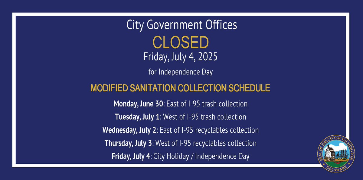 City Government Offices Will Be Closed Friday, July 4, for Independence Day; Trash Collection Schedule is Modified 
. 
. 
Click on the CITY NEWS link below for more!
wilmingtonde.gov/Home/Component…