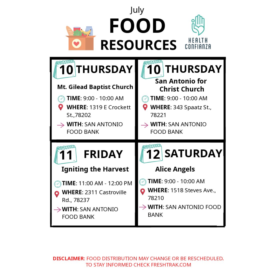HealthConfianza's tweet photo. Free Food Distributions for the month of JULY!
Free food distributions are taking place near San Antonio to support our community.
📍Find a location near you and stop by!
📝Please note that some distributions are required to reserve a spot or time slot on https://t.co/BlsaFyzEgs https://t.co/IyQR5SXLE8
