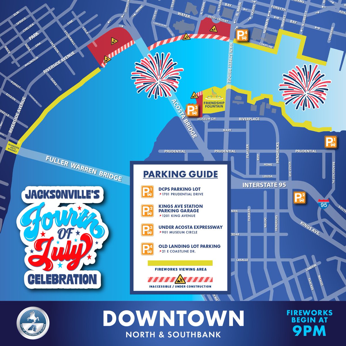 THIS FRIDAY: Join us in Downtown Jax as we celebrate Jacksonville's Fourth of July Celebration! Fireworks will launch over the St. Johns River at 9PM. 

For all event info including parking, visit Events.Coj.net.