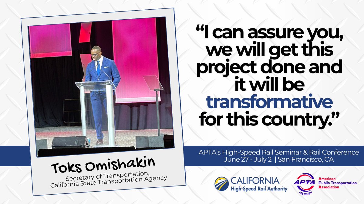 CaHSRA's tweet image. Secretary @ToksOmishakin addresses the California high-speed rail project at the @APTA_info's Rail Conference this morning! 🚄💨
🤝 @CA_Trans_Agency | #APTAhsr25 #APTArail25
