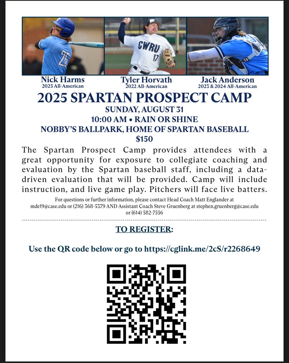 2025 SPARTAN PROSPECT CAMP

Come see what the two-time defending UAA Champion and nationally ranked CWRU Spartans Baseball program has to offer. Details in the photo and link below: 

athletics.case.edu/documents/2025…