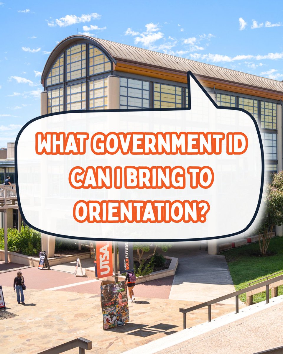 UTSACampusSrvcs's tweet image. Hey Runners, is your Orientation Day coming up?
Be sure to bring a government-issued ID with you to get your UTSACard on Orientation Day.
We accept:
✔️ Driver's License or Permit 🚗
✔️ State ID 🏛️
✔️ Military ID 🎖️
✔️ Passport ✈️
Remember, you only need to bring ONE form of ID.