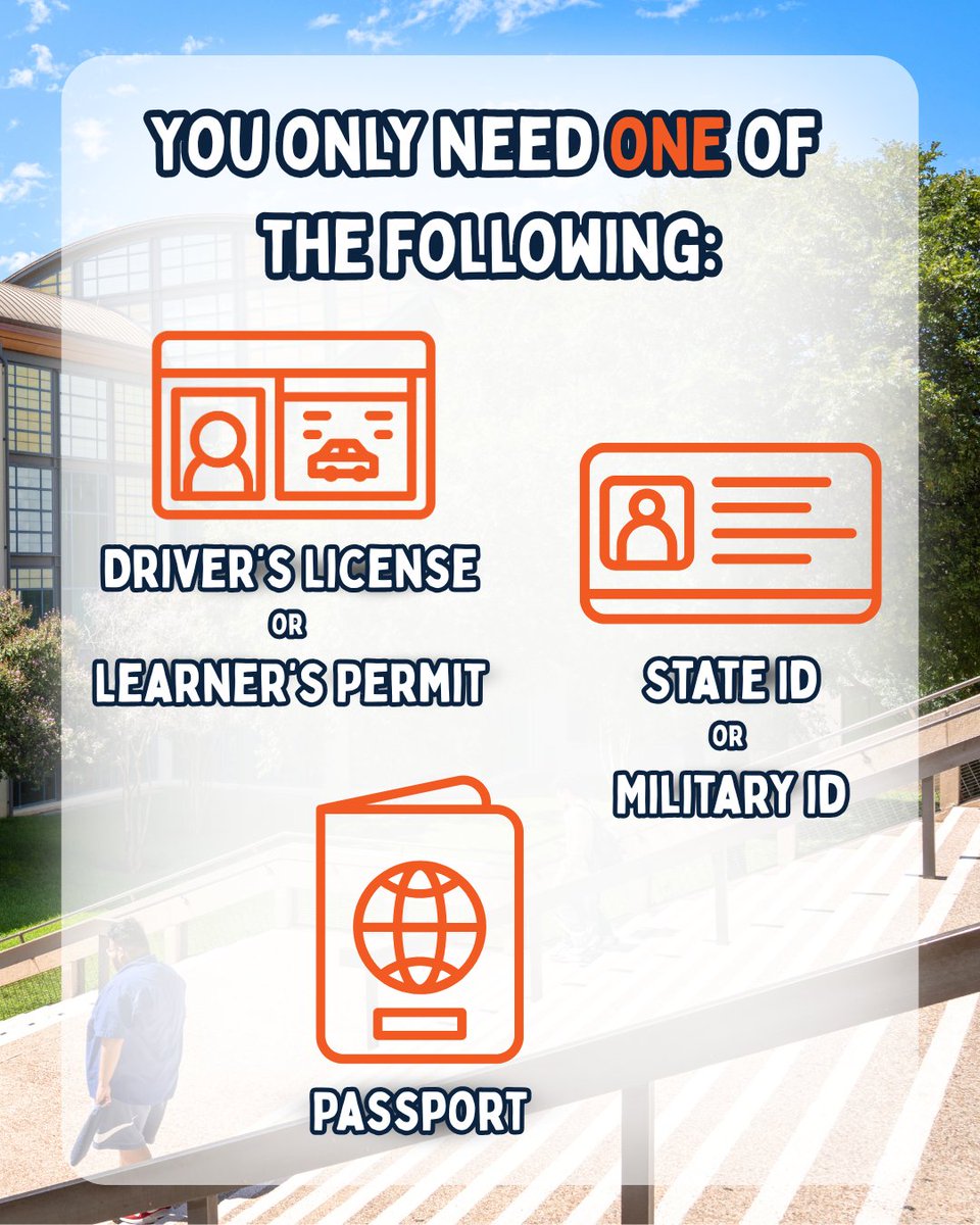 UTSACampusSrvcs's tweet image. Hey Runners, is your Orientation Day coming up?
Be sure to bring a government-issued ID with you to get your UTSACard on Orientation Day.
We accept:
✔️ Driver's License or Permit 🚗
✔️ State ID 🏛️
✔️ Military ID 🎖️
✔️ Passport ✈️
Remember, you only need to bring ONE form of ID.
