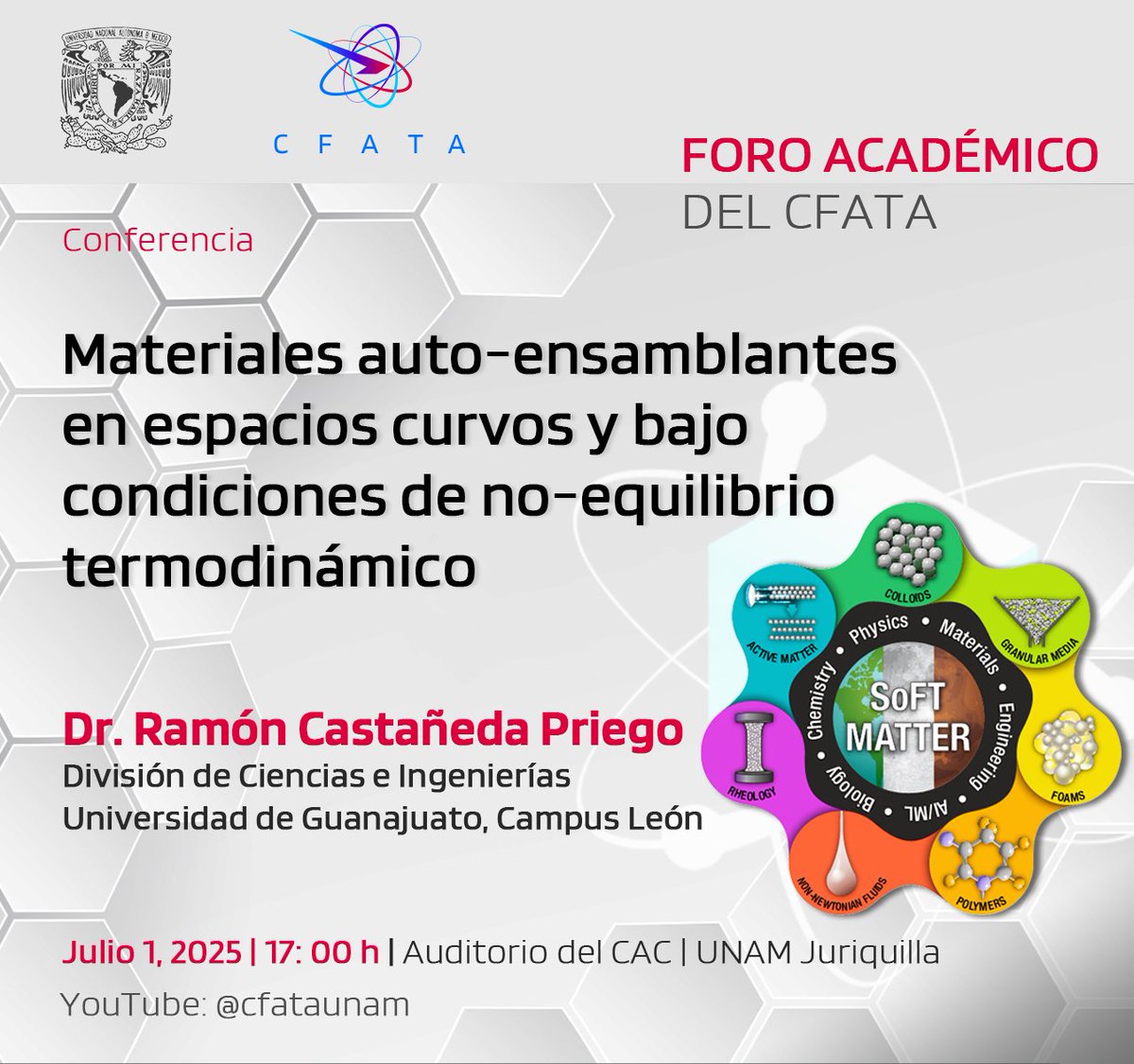 Este #martes, acompáñanos en la siguiente charla sobre proteínas, polímeros, coloides, partículas Janus y otros sistemas que desafían el equilibrio termodinámico. Impartida por el Dr. <a href="/phdramoncp/">Ramón Castañeda-Priego</a>. 🤓
Presencial y en línea: youtube.com/live/XzahGOrMa…