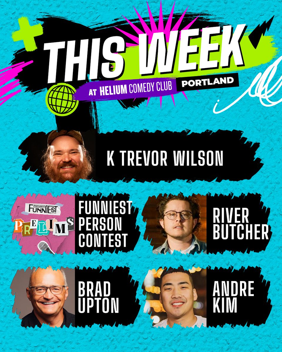 Helium Comedy PDX (@heliumcomedypdx) on Twitter photo This Week at Helium | Funniest, <a href="/rivbutcher/">river buddy butcher 🤠</a>, Brad Upton, Andre Kim, + <a href="/KTrevorWilson/">K Trevor Wilson</a>!
Get your tickets now: bit.ly/2Cw2wci This Week at Helium | Funniest, <a href="/rivbutcher/">river buddy butcher 🤠</a>, Brad Upton, Andre Kim, + <a href="/KTrevorWilson/">K Trevor Wilson</a>!
Get your tickets now: bit.ly/2Cw2wci
