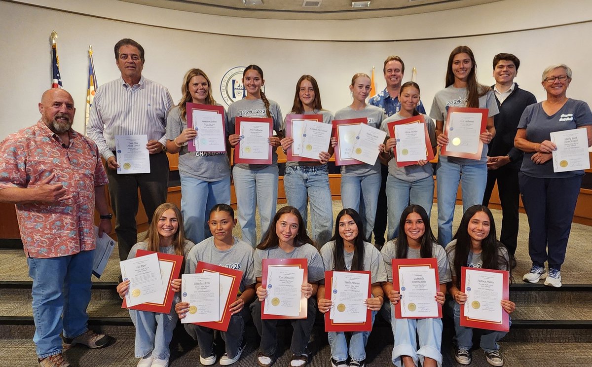 At the Mayor’s Spotlight Awards, Mayor Burns, Mayor Pro Tem McKeon, and Zechariah Jauregui from State Senator Tony Stickland’s office honored Marina High School Girls Softball 2025 CIF Champions!

Congratulations on your hard work and outstanding accomplishments as you captured