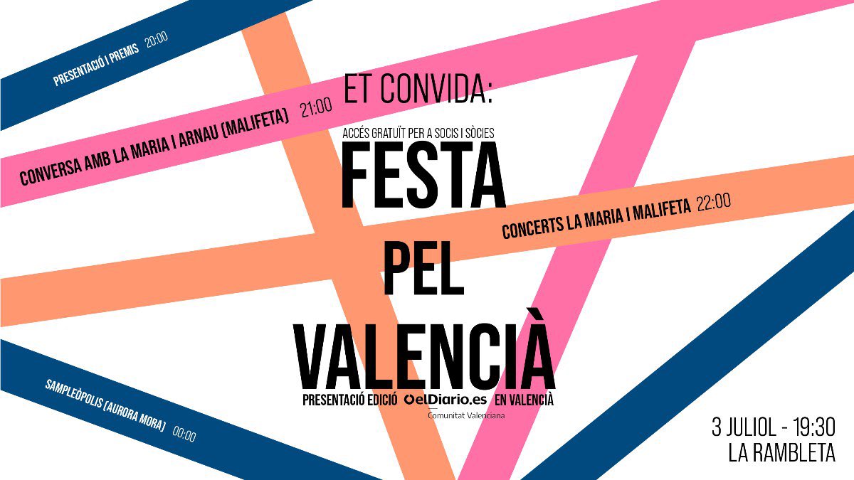 Sampleòpolis 🇵🇸 (@sampleopolis) on Twitter photo Vine a la Festa pel valencià que organitza <a href="/eldiariocv/">elDiariocv.es</a> 🫶
El dijous 3 de juliol a partir de les 20h en La Rambleta (entrada lliure fins a completar la sala, amb prioritat dels socis i sòcies).
Hi haurà entrevistes, actuacions, música i bon rotllo! Vine a la Festa pel valencià que organitza <a href="/eldiariocv/">elDiariocv.es</a> 🫶
El dijous 3 de juliol a partir de les 20h en La Rambleta (entrada lliure fins a completar la sala, amb prioritat dels socis i sòcies).
Hi haurà entrevistes, actuacions, música i bon rotllo!