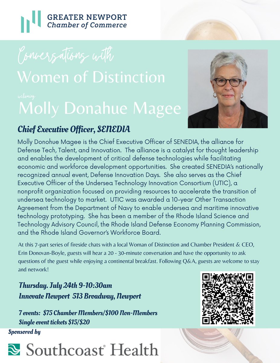 Join UTIC CEO Molly Magee and Newport Chamber CEO Erin Donovan-Boyle for their upcoming Conversations with Women of Distinction event and hear from Molly about her work to support innovation in defense manufacturing.

📅: July 24 at 9AM
🔗: business.newportchamber.com/event-calendar…