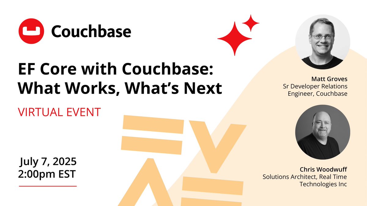 Check this out: Chris Woodruff and I will be discussing #EFCore (and #EFCore for #Couchbase), live on July 7th: meetup.com/couchbase-virt…