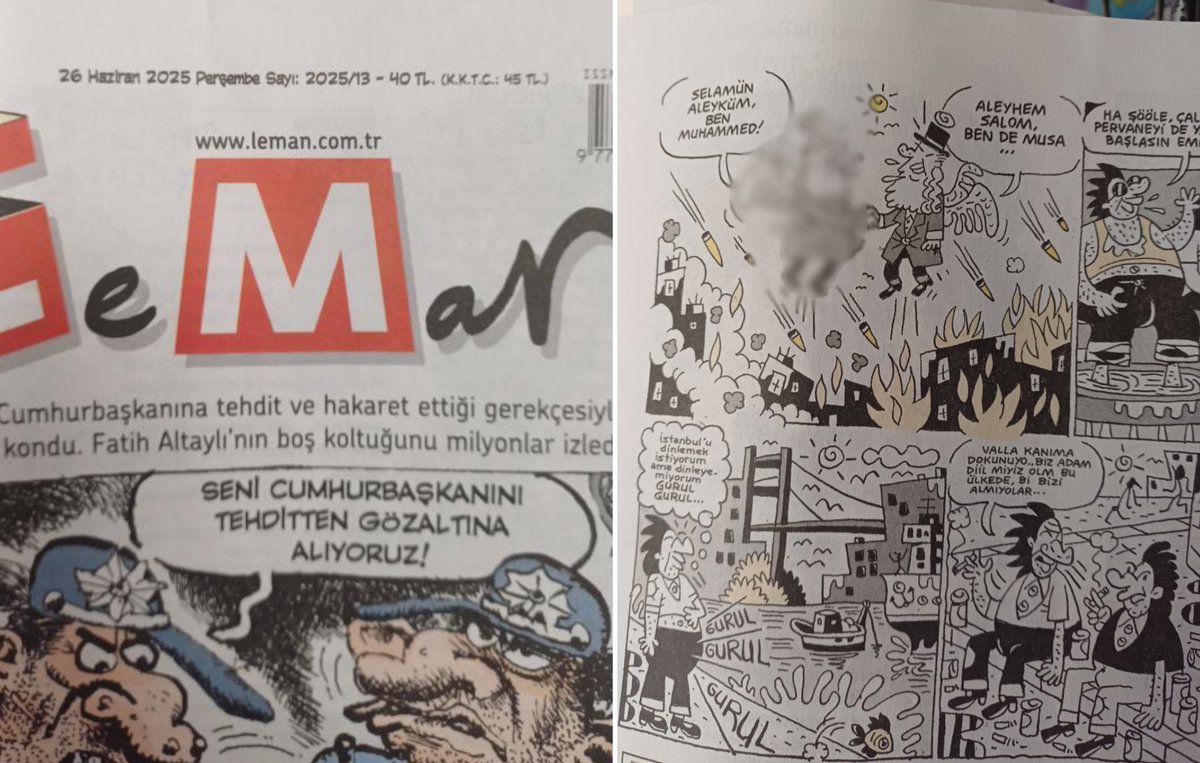 YETER ARTIK.!
Bunun adı mizah değil, fikir özgürlüğü değil, sanat değil.. 
bunun adı alçaklık, bunun adı kahpelik, bunun adı şerefsizlik.!
*
Bu paçavra kapatılmalı ve milletimizi proveke eden ekibi de ibret-i alemlik cezaya çarptırılmalıdır.