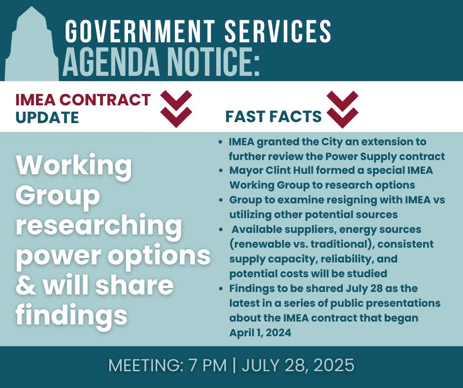 The City received an extension to further review its power supply contract. Mayor Hull formed a Working Group to explore options. Findings will be shared at the July 28 Government Services Committee meeting. Learn more &amp; watch past meetings: bit.ly/4lqt5lX
