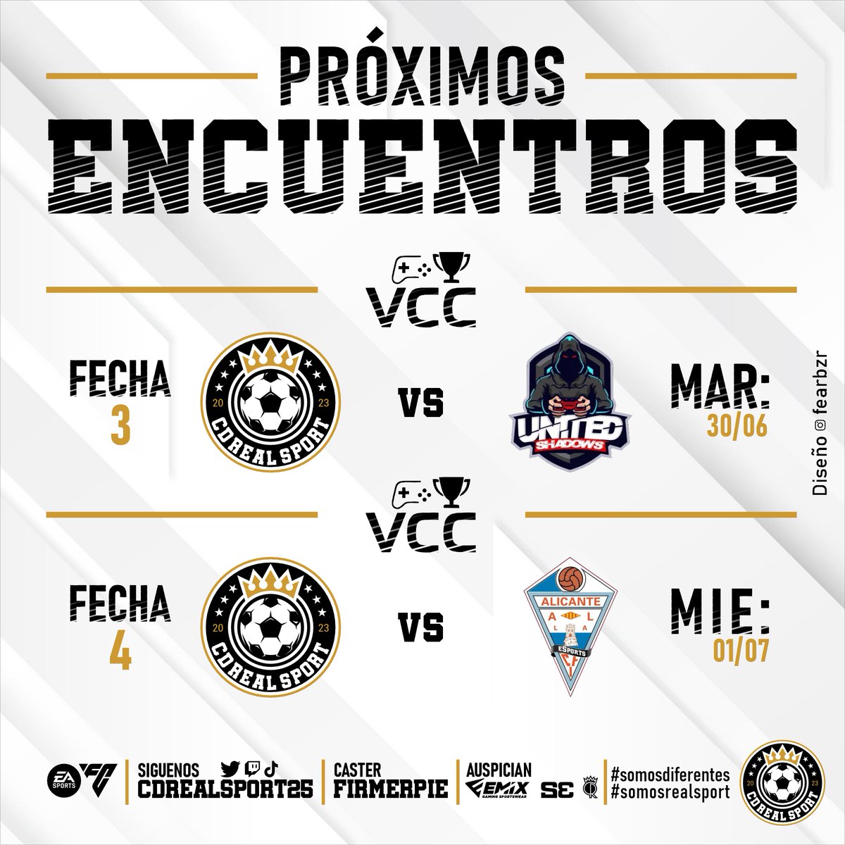 CDRealSport25 (@cdrealsport25) on Twitter photo Jugamos la Fecha 3 y 4 <a href="/VCC_Gaming/">Virtual Community Competitions</a> #DivisiónÉlite
🏠 VS <a href="/unitedshadowsfc/">United Shadows</a>
🏠 VS <a href="/CFIAlicanteSpor/">CFIAlicanteSports</a>
📺 twitch.tv/cdrealsport25
🖌️ <a href="/fearbzr/">Fernando Arocena FE4rBzR*</a>
#LigaVCC
#somosdiferentes
#somosrealsport
💛🖤🤍 Jugamos la Fecha 3 y 4 <a href="/VCC_Gaming/">Virtual Community Competitions</a> #DivisiónÉlite
🏠 VS <a href="/unitedshadowsfc/">United Shadows</a>
🏠 VS <a href="/CFIAlicanteSpor/">CFIAlicanteSports</a>
📺 twitch.tv/cdrealsport25
🖌️ <a href="/fearbzr/">Fernando Arocena FE4rBzR*</a>
#LigaVCC
#somosdiferentes
#somosrealsport
💛🖤🤍