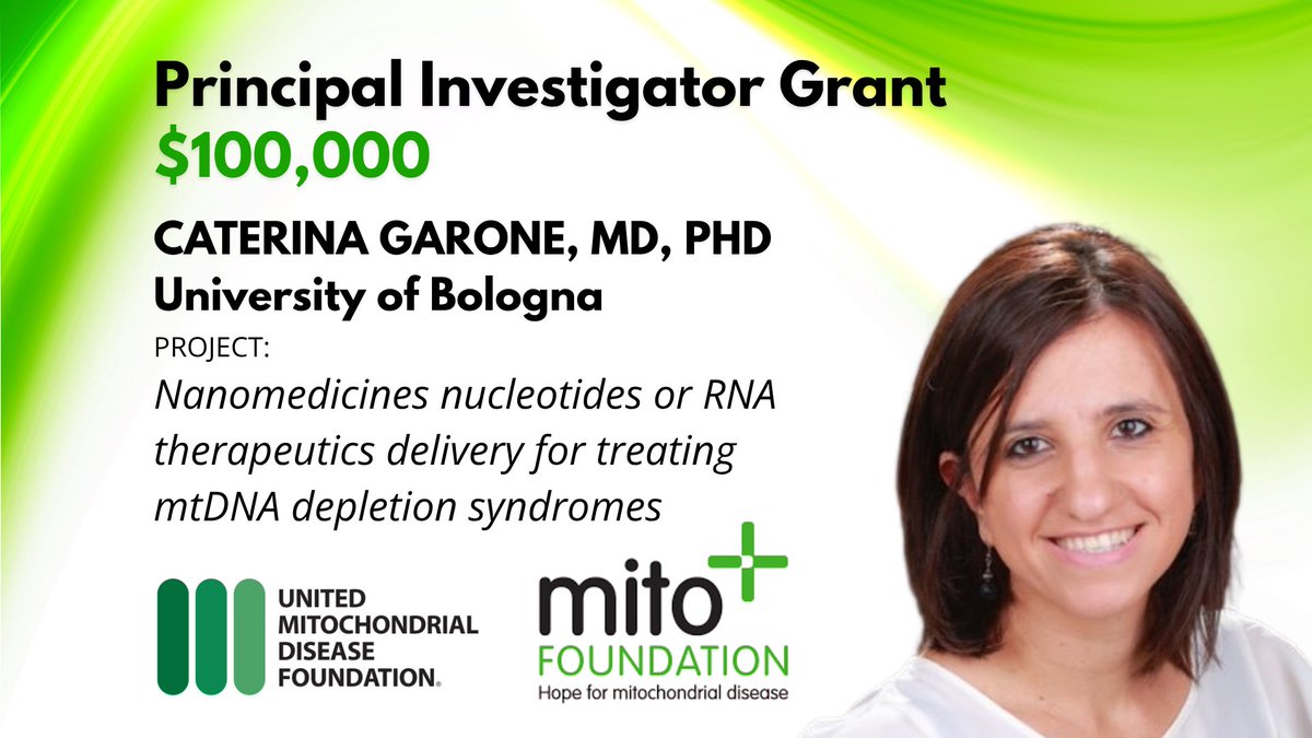 Science & Alliance - UMDF (@umdfscience) on Twitter photo Announcing $100,000 in #mitoresearch grant funding for <a href="/caterina_garone/">Caterina Garone</a>, MD, PHD of the University of Bologna for her project "NanoMDS – Nanomedicines nucleotides or RNA therapeutics delivery for treating mitochondrial DNA depletion syndromes." #mitochondrialdisease #research Announcing $100,000 in #mitoresearch grant funding for <a href="/caterina_garone/">Caterina Garone</a>, MD, PHD of the University of Bologna for her project "NanoMDS – Nanomedicines nucleotides or RNA therapeutics delivery for treating mitochondrial DNA depletion syndromes." #mitochondrialdisease #research