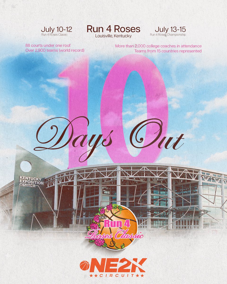 𝟏𝟎 𝐃𝐚𝐲𝐬 𝐨𝐮𝐭 ⏳ 

The biggest stage in girls grassroots basketball is almost here. Over 2,900 teams. 88 courts. Thousands of college coaches. Run 4 Roses is different… and NE2K is ready. 🌹

#NE2K#Run4Roses
