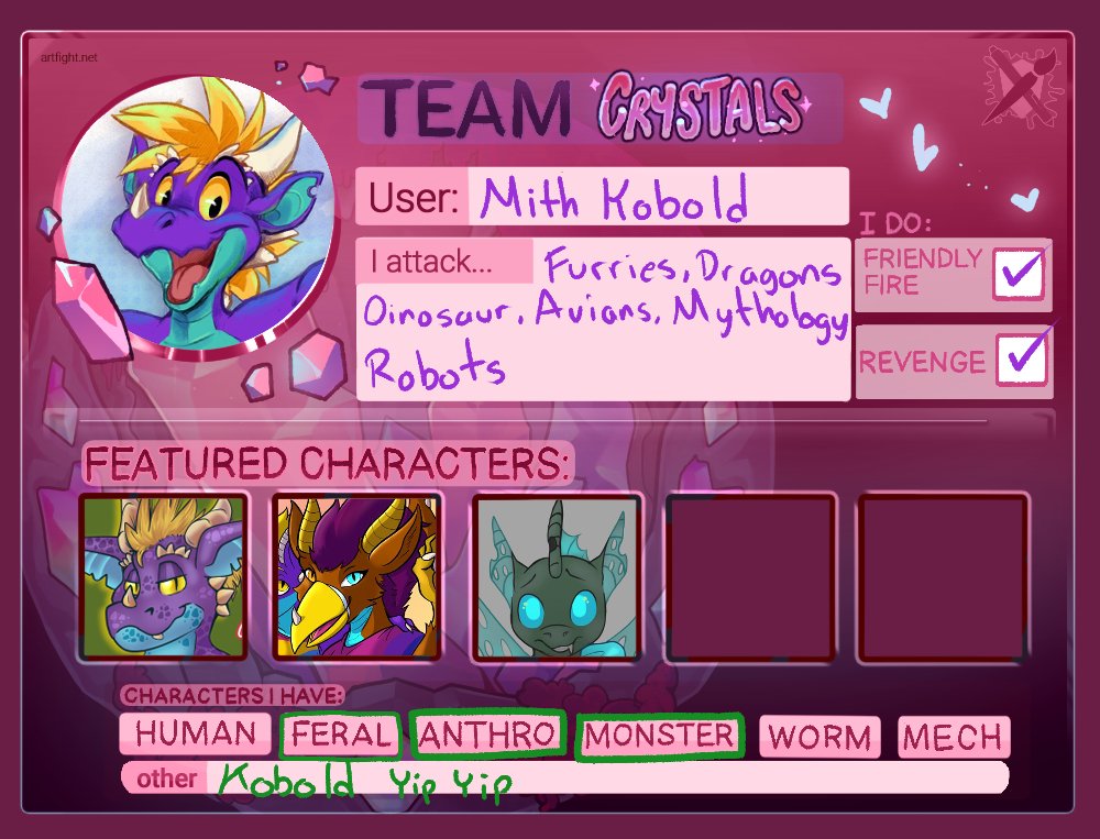 Bueno al kobold le dieron ganas de participar en el #artfight2025 y este es el equipo que escogí ^w^

artfight.net/~MithKobold

#furry 

(Que pena que solo tengo referencia NSFW de mi OC de MLP)