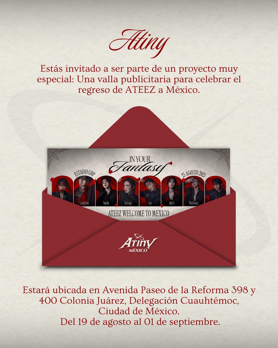 ateez_mexico's tweet photo. [💌] #AtinyFantasyCDMX 

¡ATINY ayúdanos a crear esta sorpresa hecha con todo el amor de ATINY para ATEEZ y celebrar su regreso a México! 

❤️https://t.co/lWeODUxs1v

Con cariño,
ATINY México. 

#ATEEZ #에이티즈 #ATINYMéxico #In_Your_Fantasy_Mexico #ATEEZ_en_Mexico https://t.co/8PSPEck7IC