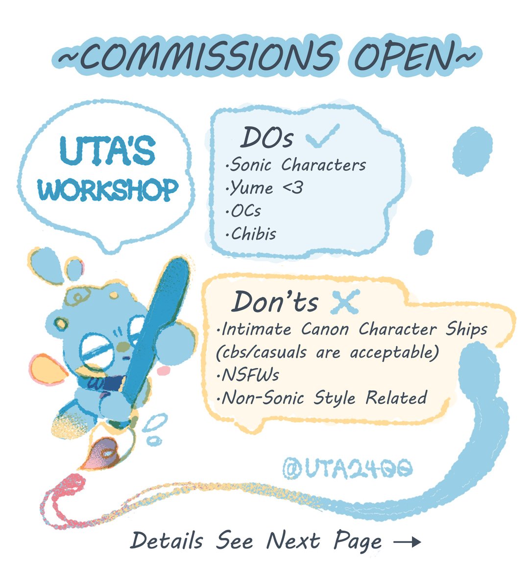 UTA2400's tweet image. Hi guys~ I’ve decided to open a few commission slots!
Feel free to DM me if you’re interested :D
RTs are super appreciated ✨✨
Thank you so much for the support!! 🦔🦔
#SonicArt #CommissionsOpen