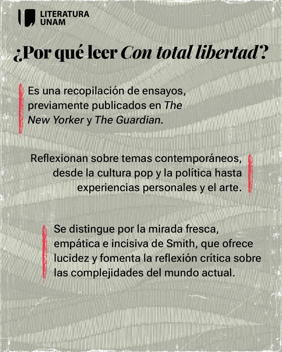 LiteraturaUNAM's tweet photo. 🤔¿Buscas una colección de ensayos que te haga pensar? 📖Descubre "Con total libertad" (2018) de Zadie Smith (Londres, 1975) (@smith_zadi75262). ➡️

[Foto: Adam Perez]

#ensayo #recomendación #leer #libros #librosrecomendados #bookstagram #booklover #queleer #zadiesmith @SalamandraEd