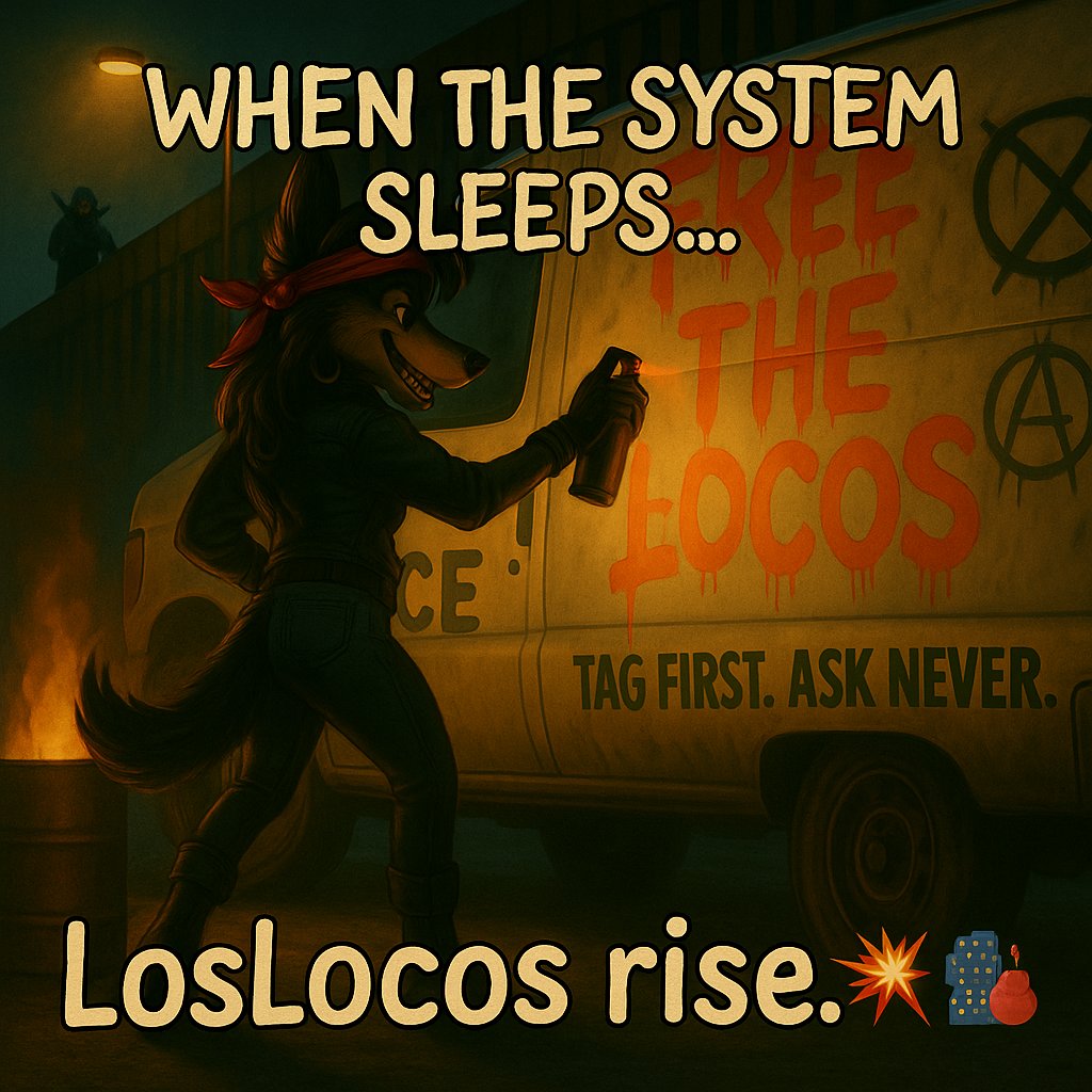 LosLocosAngeles's tweet photo. 🌮 WHEN THE SYSTEM SNOOZES, $LOSLOCOS SPRAY PAINTS THE MOON! 😂 This wolf’s out here tagging ICE vans like a taco-fueled ninja, BUY NOW before the feds wake up! 🚨 No leash, all spice! #LosLocosRise #MemeCoinMadness #CryptoAnarchy #ToTheMoon #NoICEJustSpice #LOSLOCOS https://t.co/W2h1xneEKB