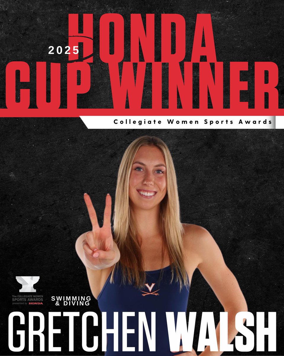 CWSA_HondaCup's tweet image. Sheโs done it ๐โจ
Gretchen Walsh of @UVASwimDive has been named the 2025 Honda Cup Winner โ the Collegiate Woman Athlete of the Year!
An Olympic gold medalist, world record holder, and NCAA champion, Gretchen has redefined excellence in and out of the pool. #HondaCup #CWSA2025
