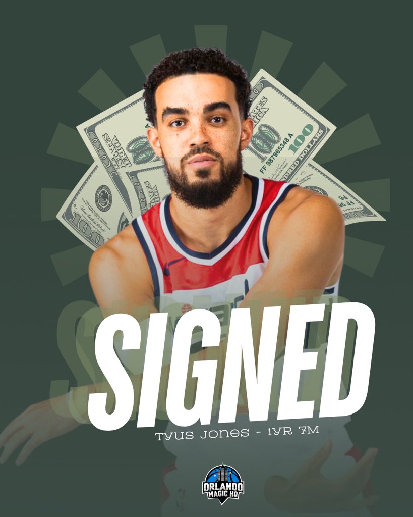 OMagicHQ's tweet photo. Free agent guard Tyus Jones has agreed to a one-year, $7 million deal with the Orlando Magic, according to @ShamsCharania. 

What are your immediate reactions to the signing, Magic fans!? https://t.co/oxpQV7xa8q
