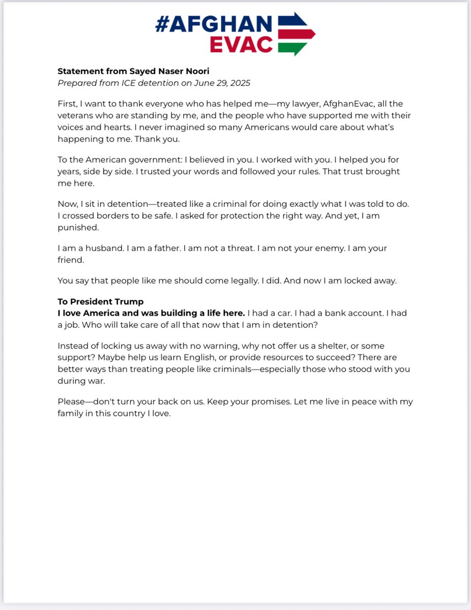 This is what betrayal looks like.

Sayed stood with our troops. Followed every rule. Asked for protection the right way.

Now he’s locked in ICE detention—separated from his family—for doing exactly what we told him to do.

Read his powerful statement. 

We won’t be silent.
