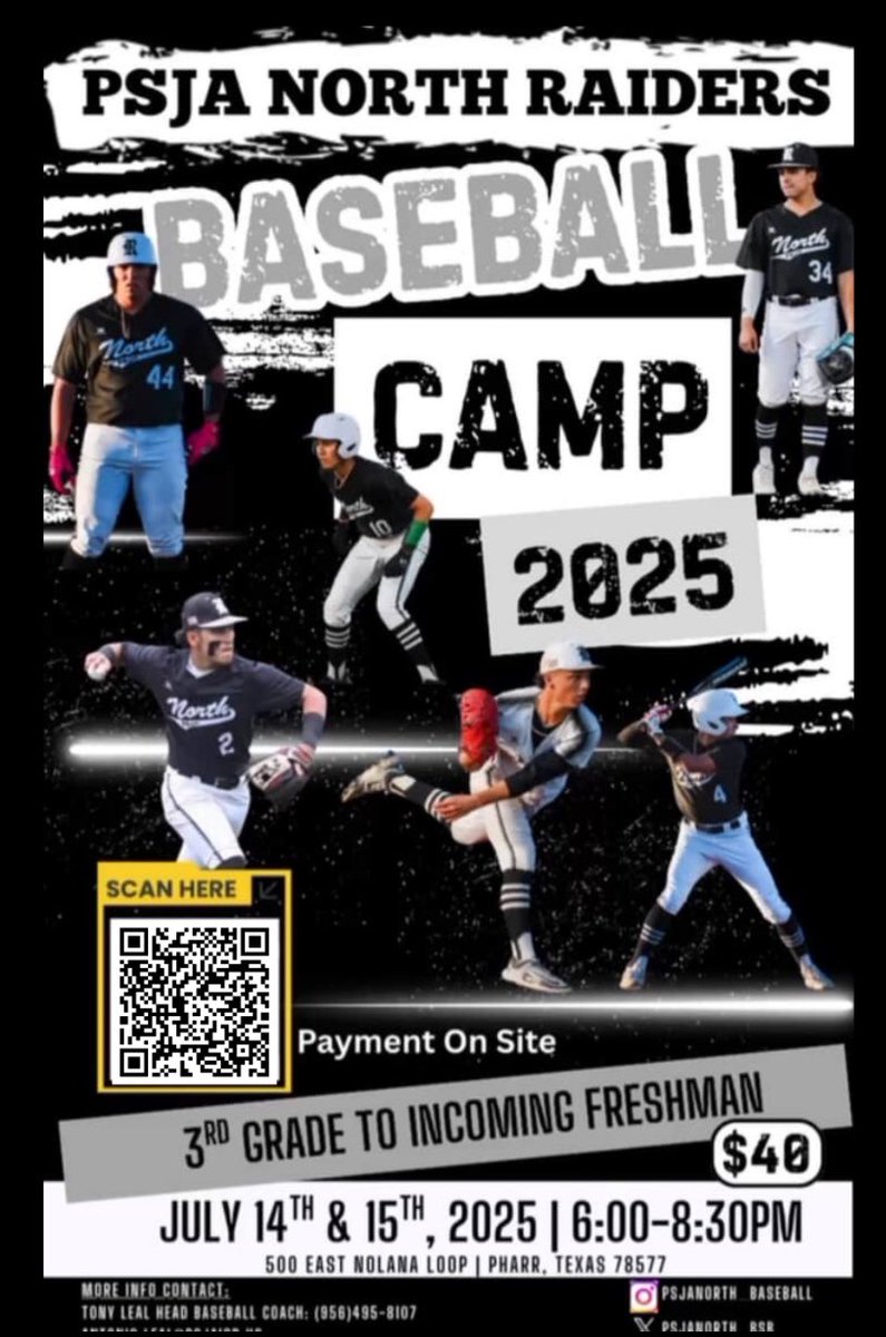 🚨 BASEBALL CAMP ALERT! 🚨
The PSJA North Baseball Camp is just a couple of weeks away! ⚾️

📅 July 14th &amp; 15th
📍 6:00 PM – 8:30 PM

Lock in your spot now! Register using the QR code — don’t miss out on two days of elite instruction and fun on the field!
#RaiderBaseball