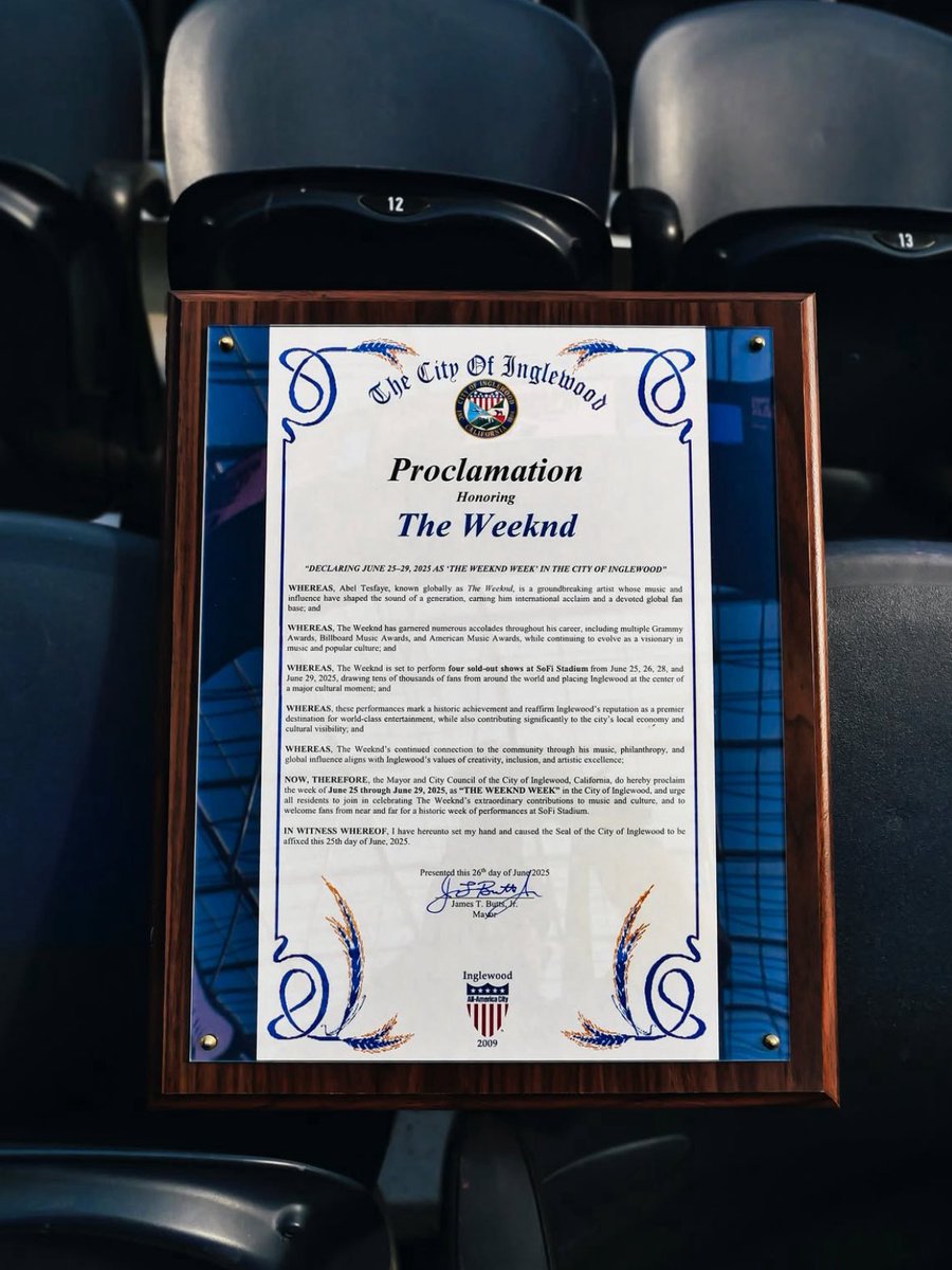 The Weeknd breaks the record for the most sold-out shows by a male artist in SoFi Stadium history. 

After breaking this record, the city of Inglewood has officially declared June 25–29 as ‘The Weeknd Week’ in his honor.