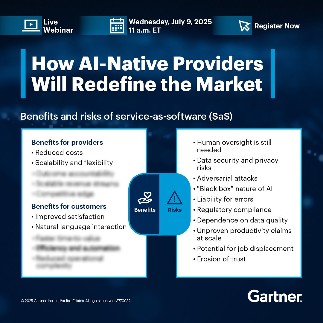 AI-native companies are scaling 40% faster than traditional SaaS providers, redefining what software can do: gtnr.it/44avYRH

Explore the shift from SaaS to service-as-software and what it means for your product, pricing, and delivery.

#GartnerHT #AI #TechInnovation