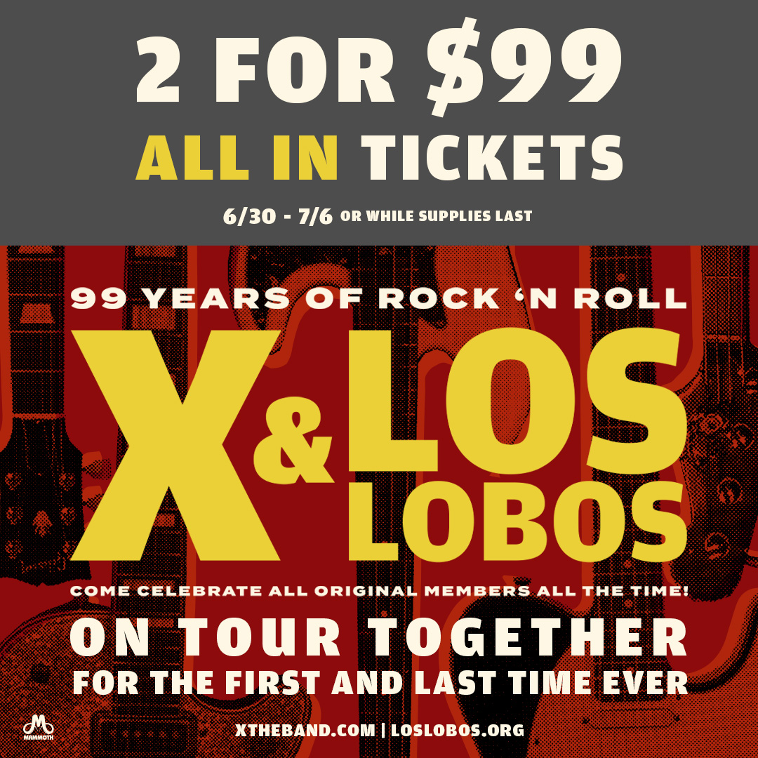 Los Lobos (@loslobosband) on Twitter photo We're celebrating Los Lobos and <a href="/Xtheband/">Xtheband</a>'s 99 Years of Rock 'N Roll with a special offer — 2 tickets for $99 ALL-IN! 🎸
Offer runs June 30th through July 6th or while supplies last.  Grab your tickets now at loslobos.org/tour 🎟️ We're celebrating Los Lobos and <a href="/Xtheband/">Xtheband</a>'s 99 Years of Rock 'N Roll with a special offer — 2 tickets for $99 ALL-IN! 🎸
Offer runs June 30th through July 6th or while supplies last.  Grab your tickets now at loslobos.org/tour 🎟️