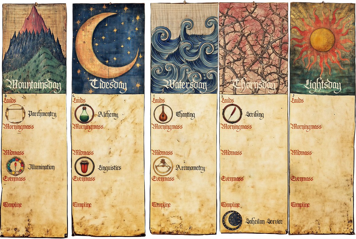 voidmammoth's tweet photo. The Caladori week is split into 5 days. For the first four, you are scheduled for classes. Between classes, you can develop your skills, work on assignments, and socialize. The fifth day, Lightsday, is your day off and you can leave the priory grounds and visit the town of Downprior.

https://t.co/x7k0nZCa6Y
#gay #indiegame #gamedev #BL #rpg #lgbt #bara