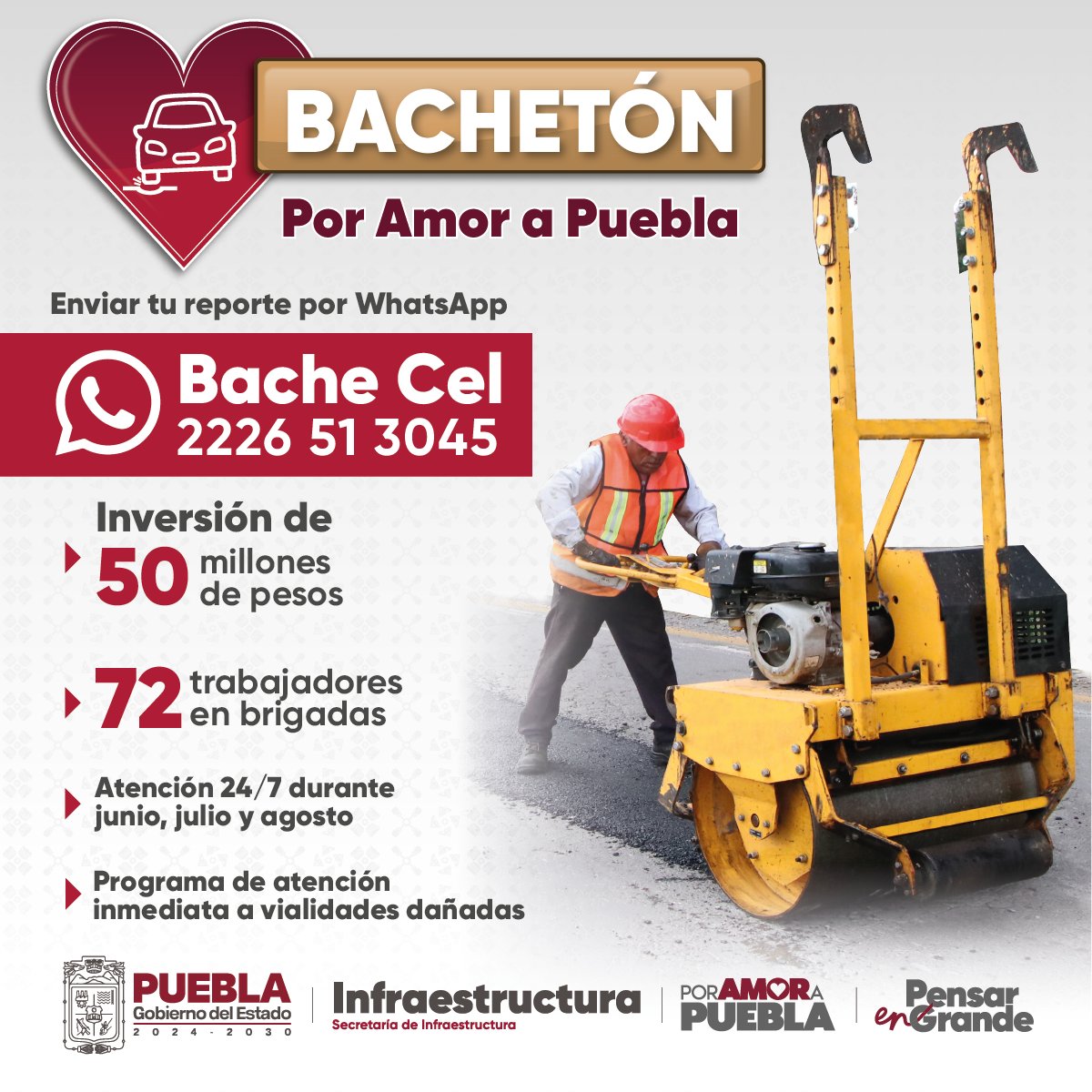 👷🏻‍♂️🚧 ¡El #Bachetón trabaja día y noche! ¿Quieres reportar un bache? Hazlo vía WhatsApp al Bachecel: 📲 2226 51 3045