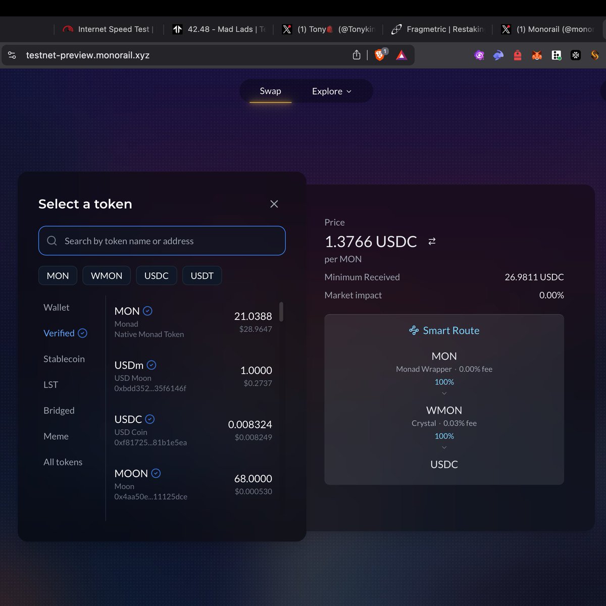 Tried <a href="/monorail_xyz/">Monorail</a> on Monad for the first time and I’m honestly impressed.

✅ Smooth, fast DEX
✅ Clean UI
✅ Tokens are sorted by category = easy navigation

But what really stands out?
Monorail unifies AMMs + orderbooks into one liquidity layer.

No more fragmentation.
Just